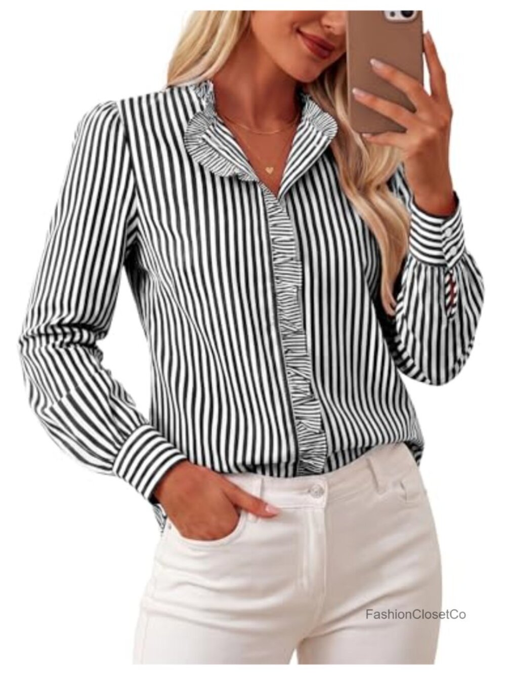 Women's 100% Cotton Striped Button Down Ruffle Blouse Long Sleeve